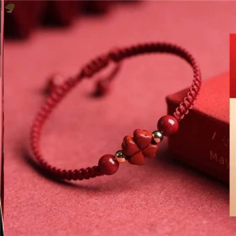 Cinnabar Lucky Hand Rope Natural Mineral Vermilion Four Leaf Clover Talisman Red Rope Weaving Destiny Year Transit Five petal Flower Bracelet.