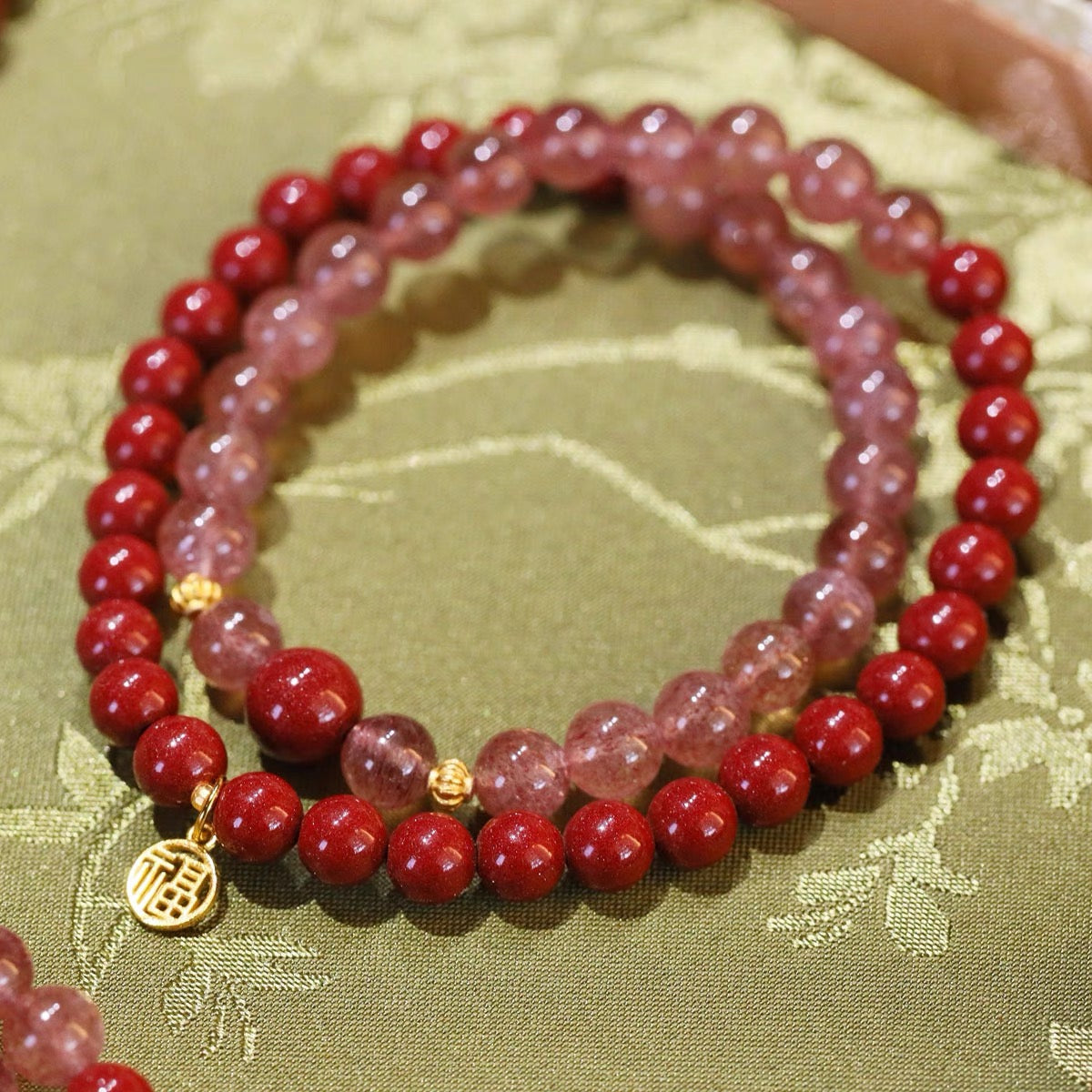 Natural high content cinnabar bracelet, women's personalized silver plated gold lucky pendant, strawberry crystal double set purple gold sand bracelet