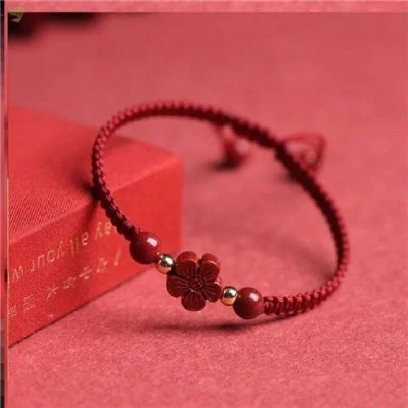 Cinnabar Lucky Hand Rope Natural Mineral Vermilion Four Leaf Clover Talisman Red Rope Weaving Destiny Year Transit Five petal Flower Bracelet.