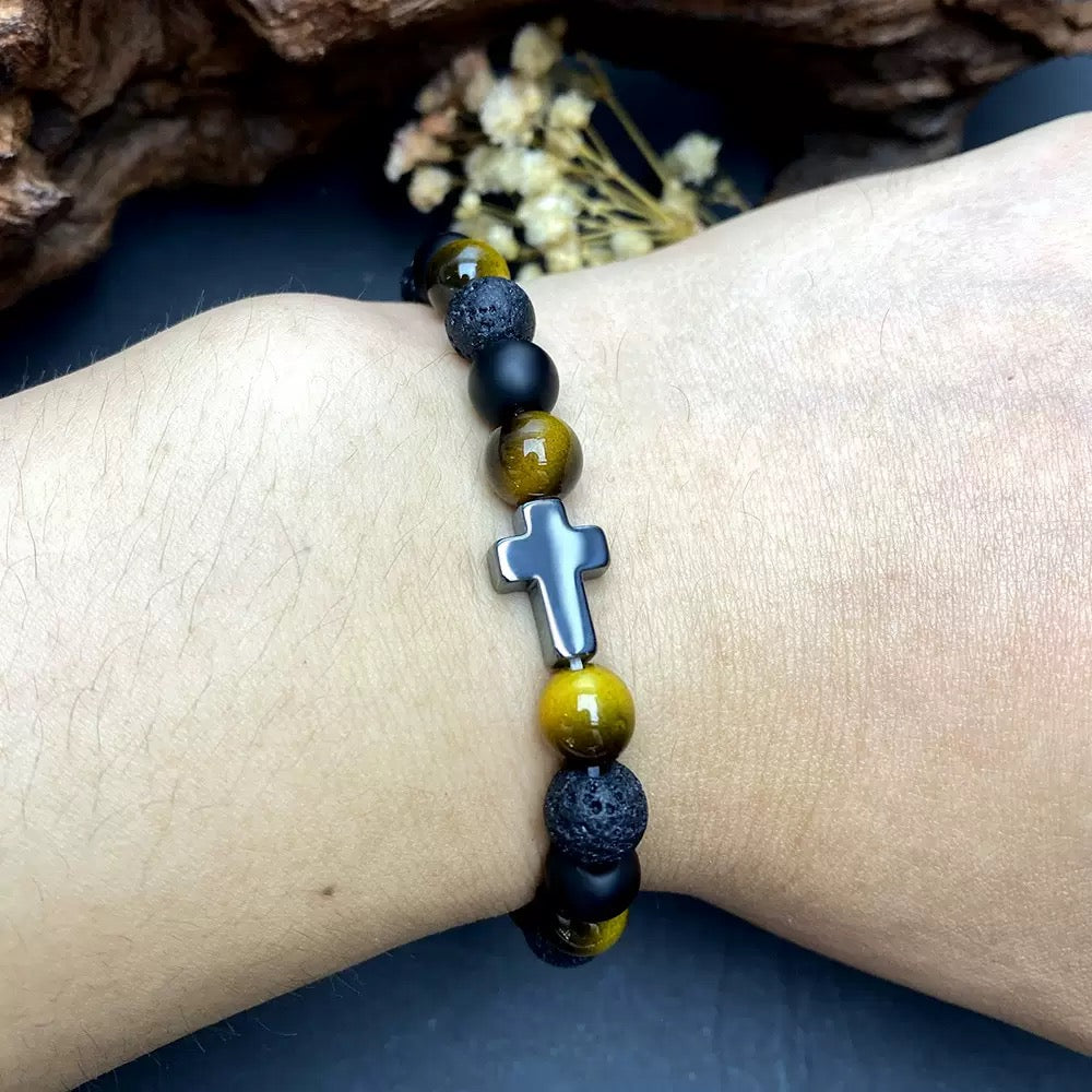 Natural stone bracelet accessories for men, high-end and mature cross, tiger eye volcanic stone