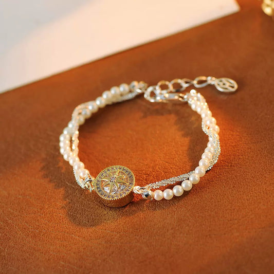 Small and versatile exquisite bracelet set with diamonds, octagonal star, double layered pearl bracelet, feminine fashion accessory