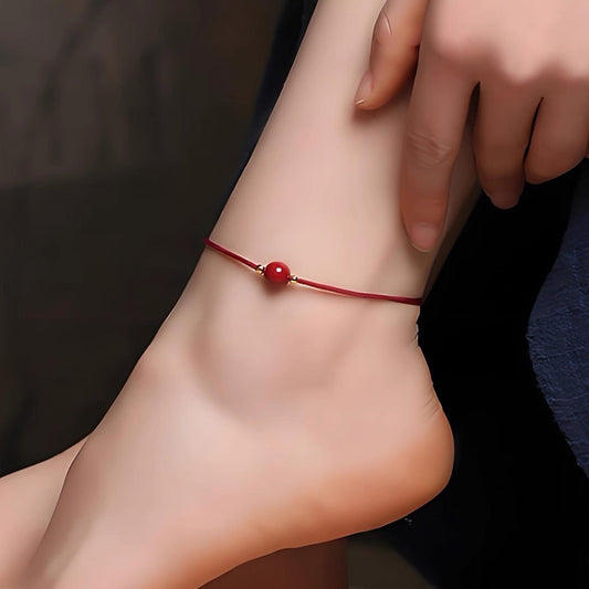 New trendy and sexy women's cinnabar ankle chain with red braided rope.