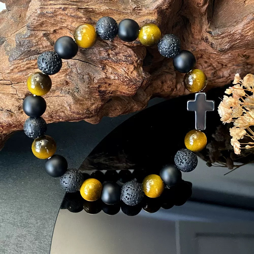 Natural stone bracelet accessories for men, high-end and mature cross, tiger eye volcanic stone