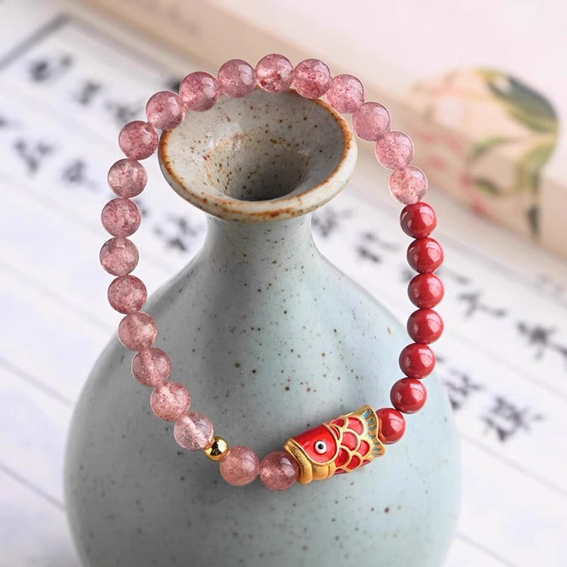 Natural strawberry crystal bracelet, women's cinnabar bracelet, good luck koi jewelry, lucky gift, men's transfer bead gift, ashore.