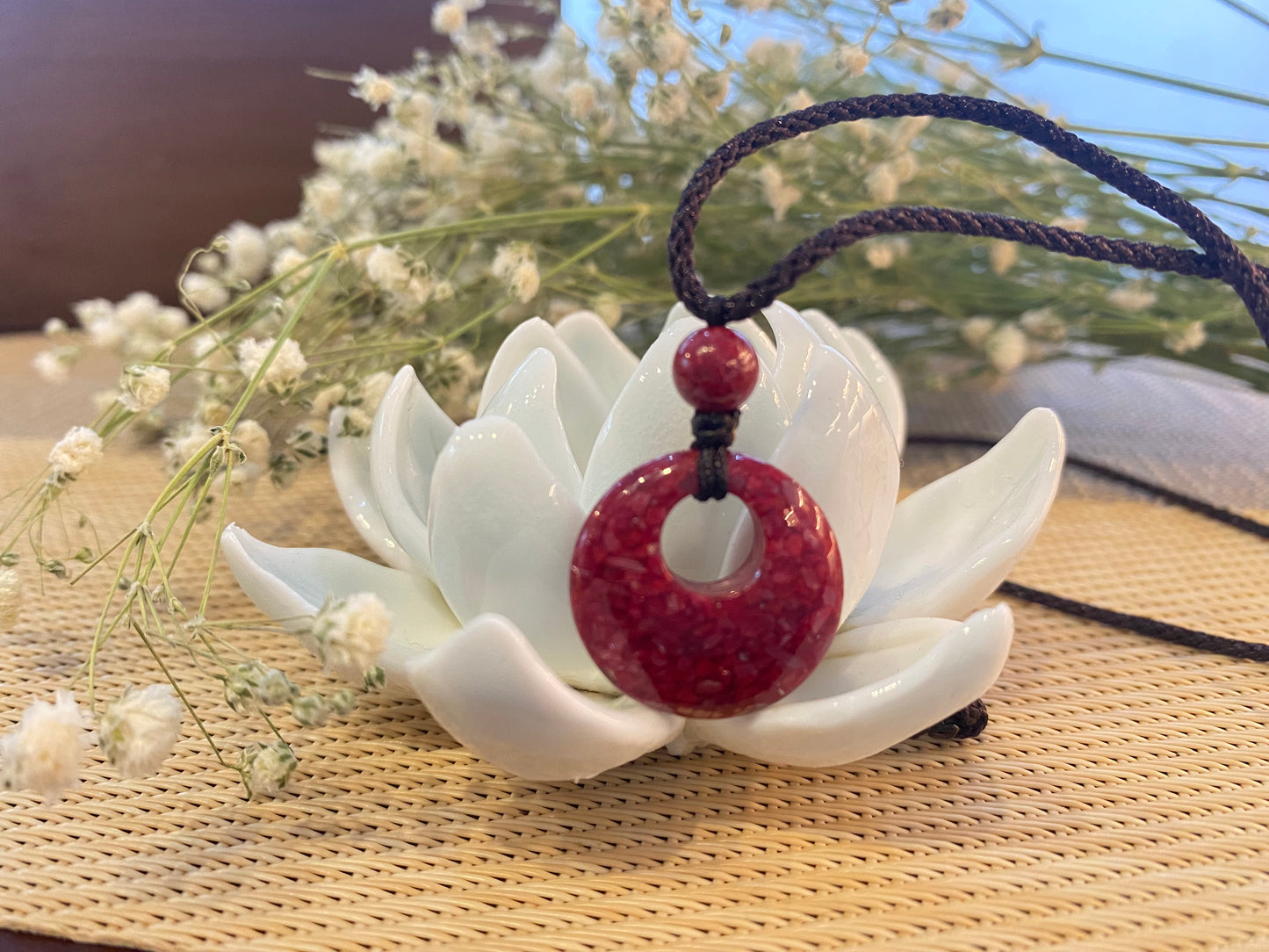 Cinnabar fully transparent crystal pendant