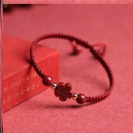 Cinnabar Lucky Hand Rope Natural Mineral Vermilion Four Leaf Clover Talisman Red Rope Weaving Destiny Year Transit Five petal Flower Bracelet.