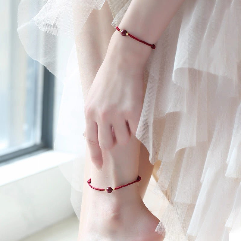 New trendy and sexy women's cinnabar ankle chain with red braided rope.