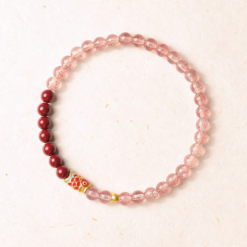 Natural strawberry crystal bracelet, women's cinnabar bracelet, good luck koi jewelry, lucky gift, men's transfer bead gift, ashore.