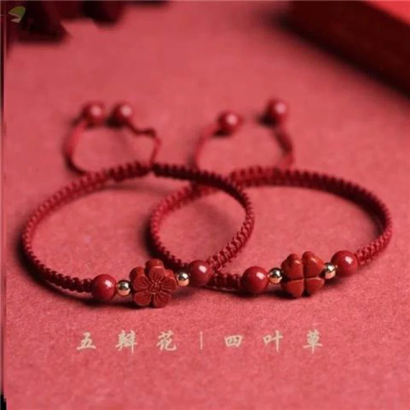Cinnabar Lucky Hand Rope Natural Mineral Vermilion Four Leaf Clover Talisman Red Rope Weaving Destiny Year Transit Five petal Flower Bracelet.