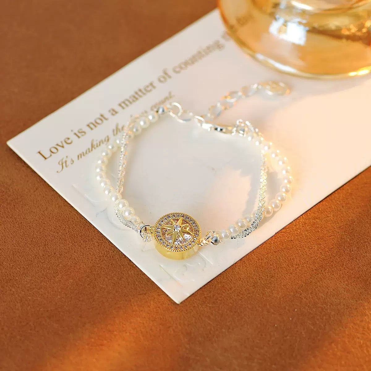 Small and versatile exquisite bracelet set with diamonds, octagonal star, double layered pearl bracelet, feminine fashion accessory