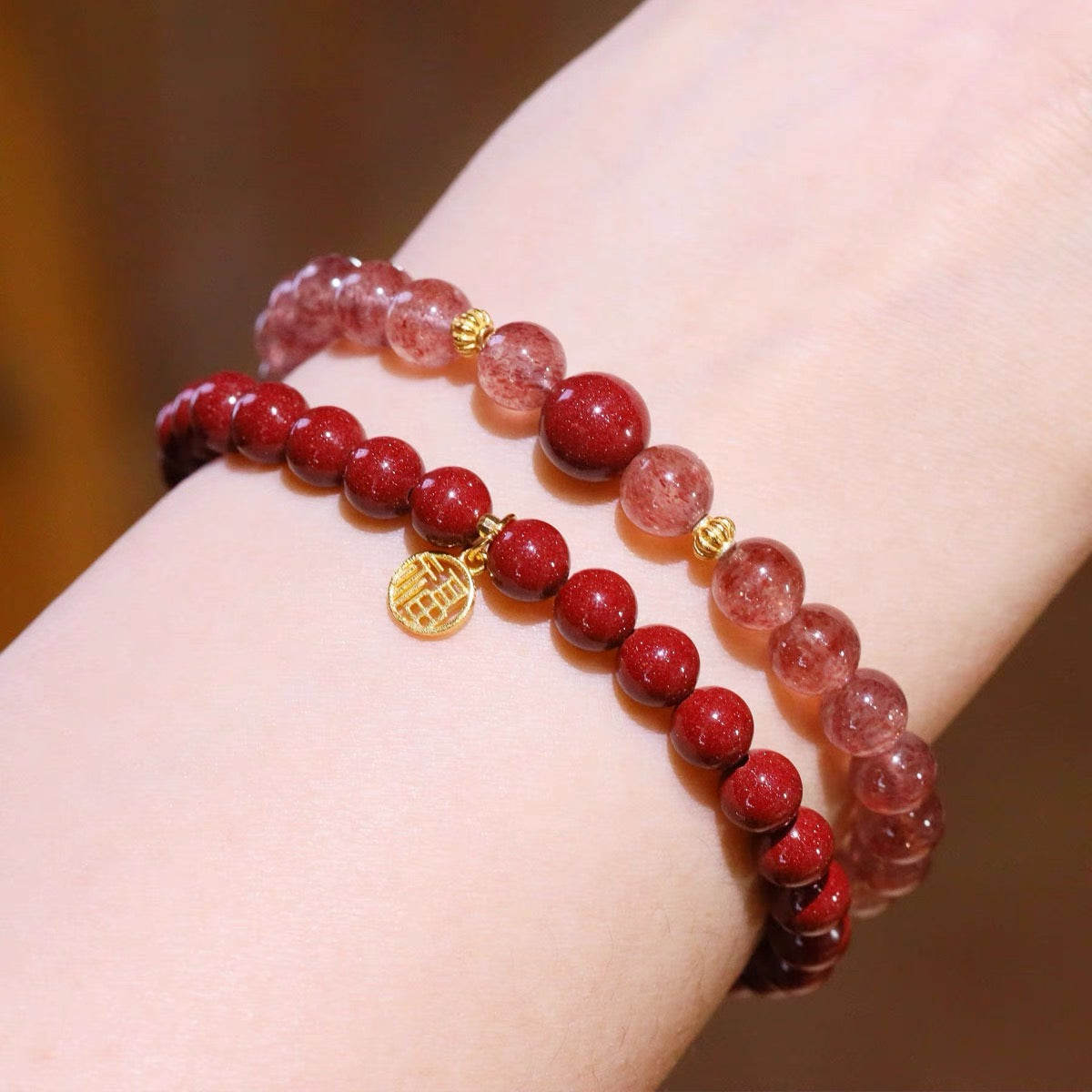 Natural high content cinnabar bracelet, women's personalized silver plated gold lucky pendant, strawberry crystal double set purple gold sand bracelet