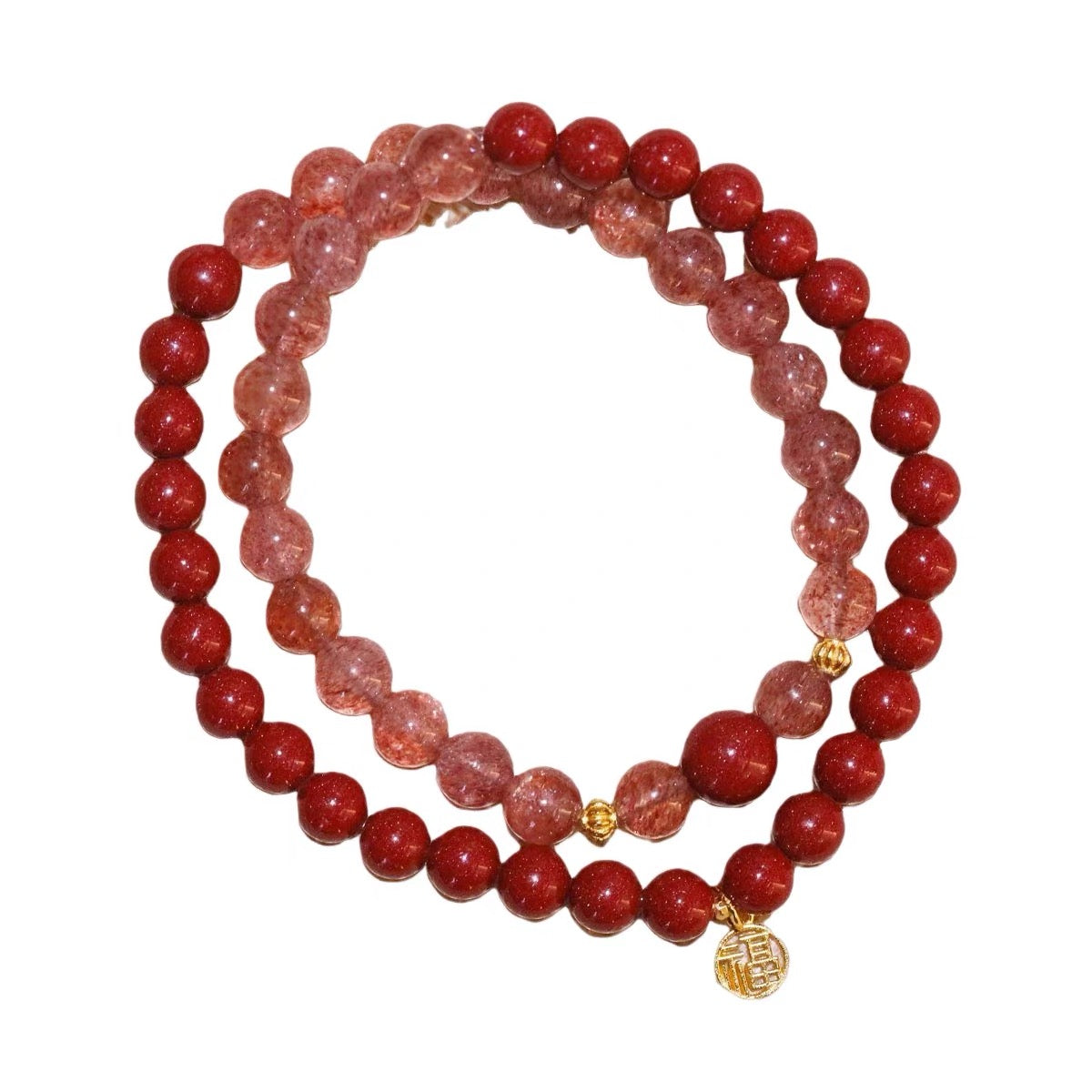 Natural high content cinnabar bracelet, women's personalized silver plated gold lucky pendant, strawberry crystal double set purple gold sand bracelet