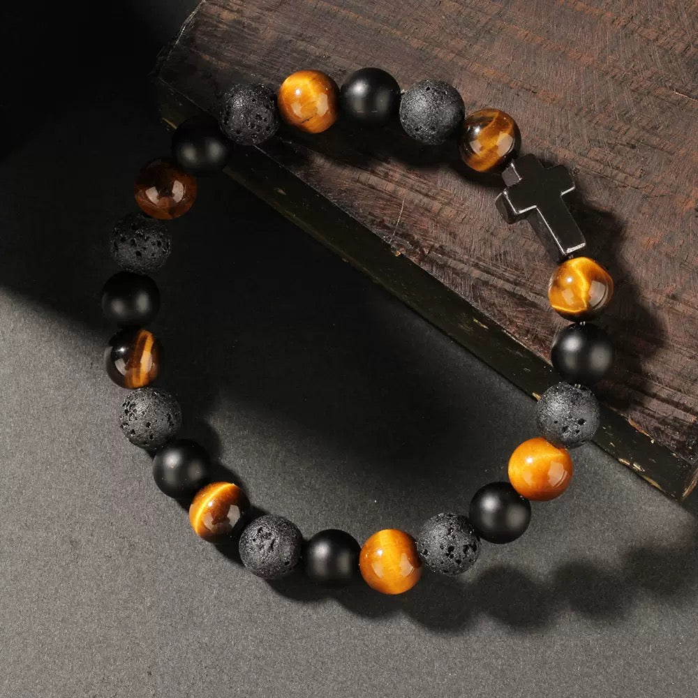 Natural stone bracelet accessories for men, high-end and mature cross, tiger eye volcanic stone