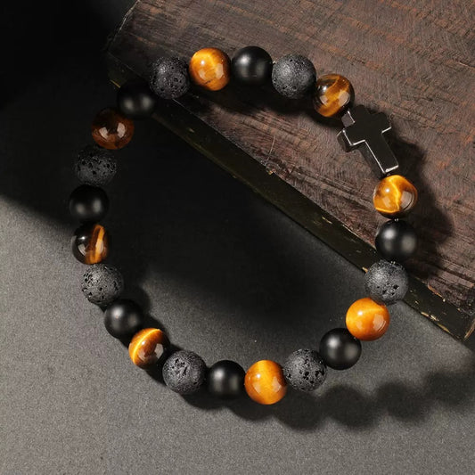 Natural stone bracelet accessories for men, high-end and mature cross, tiger eye volcanic stone